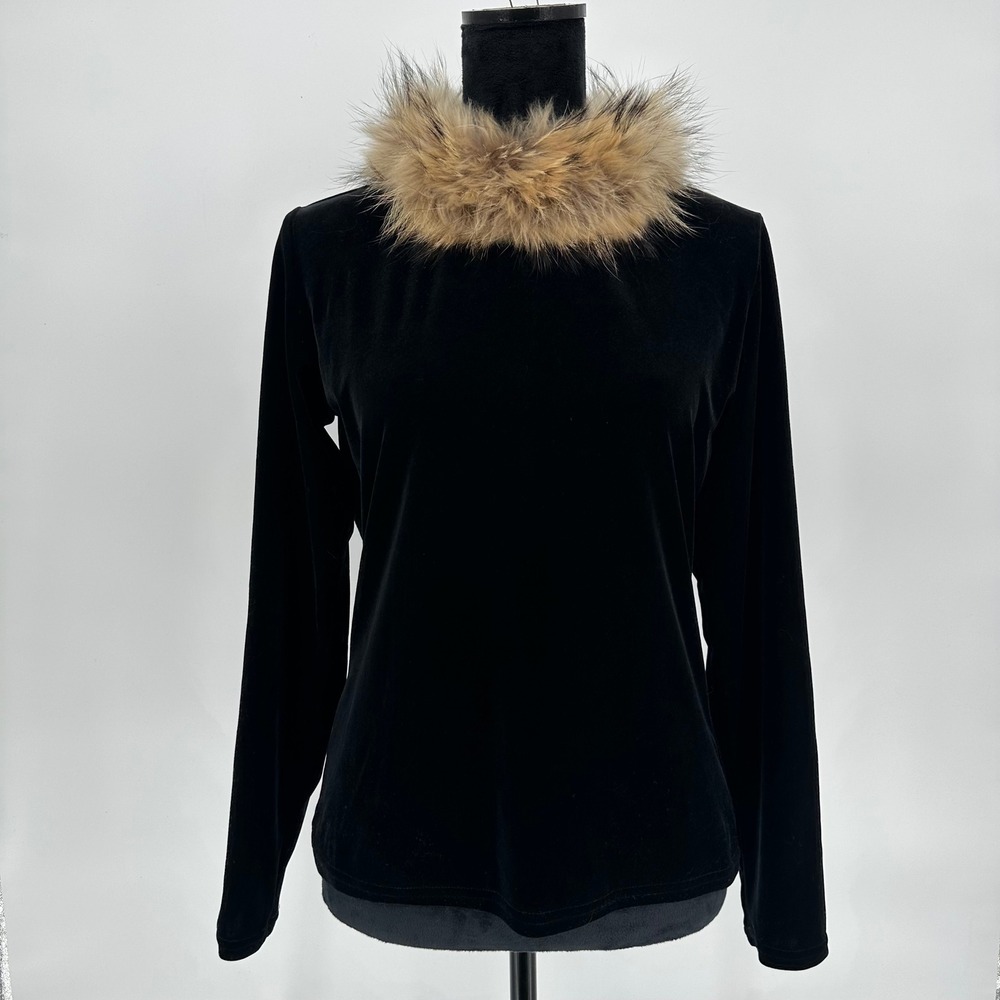 Double D Ranch Black Velvet Long Sleeve Top Real Fur Collar Women's‎ XS